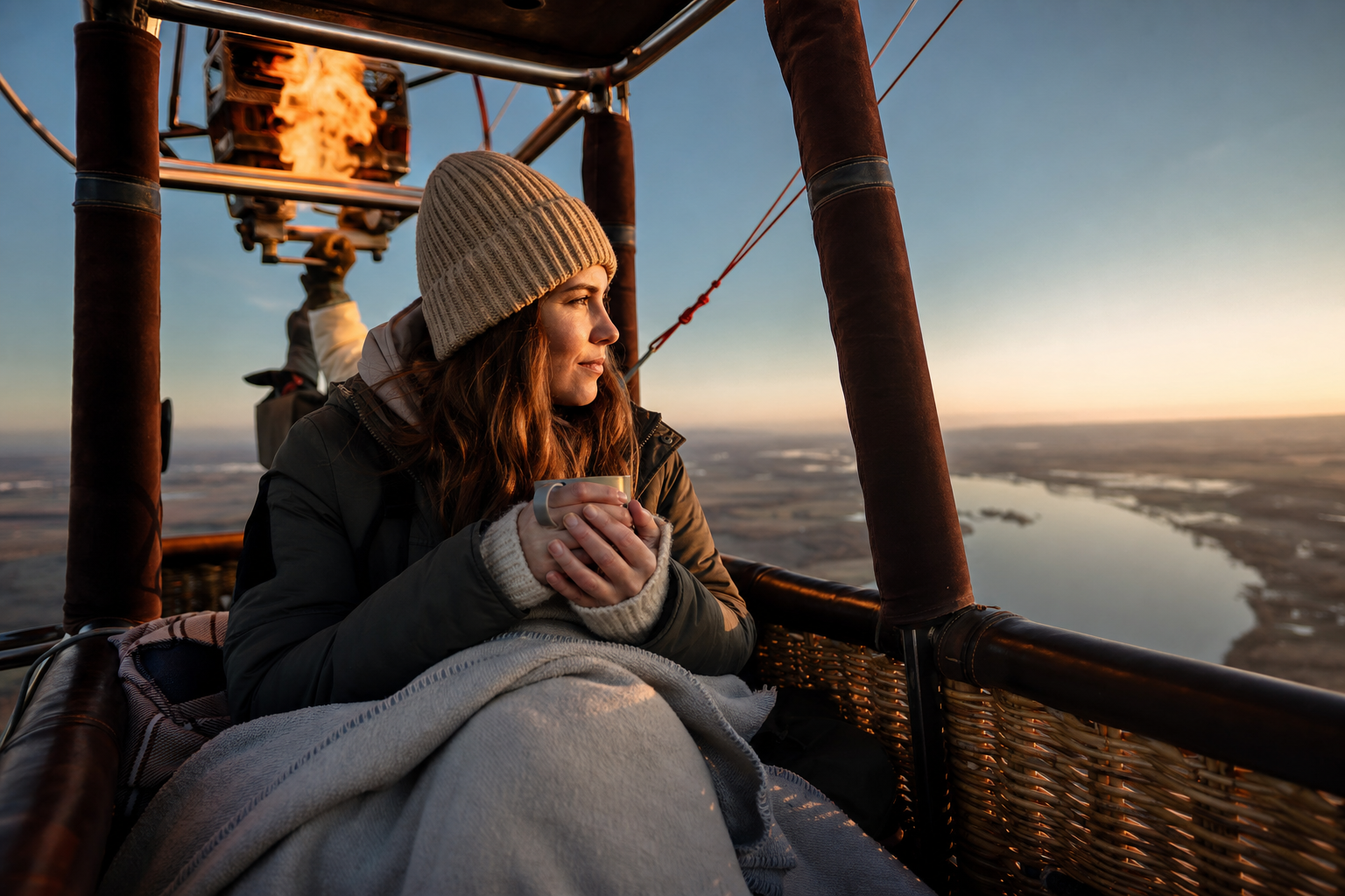 Passagiers in ballonmand tijdens vlucht