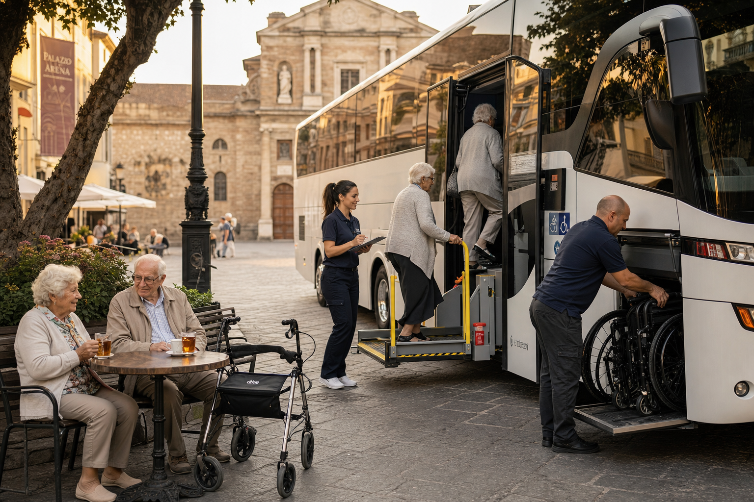 Reisbegeleider helpt oudere reiziger met mobiliteitsvoorzieningen tijdens busreis