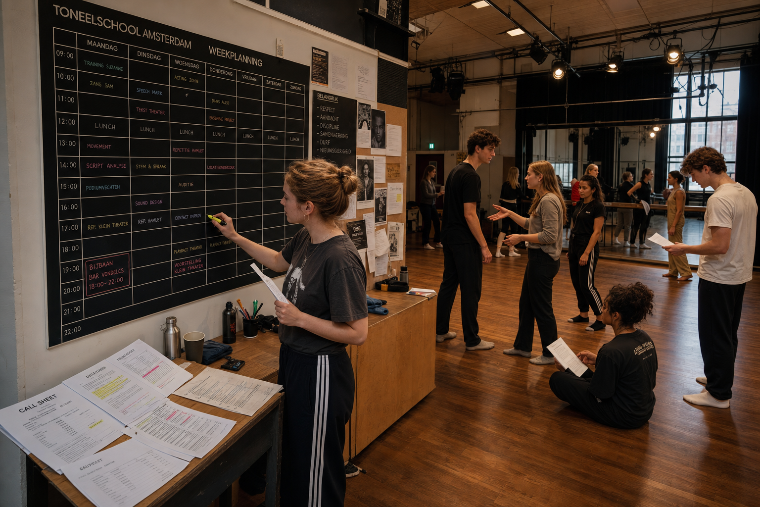 Studenten tijdens repetitie op theaterschool