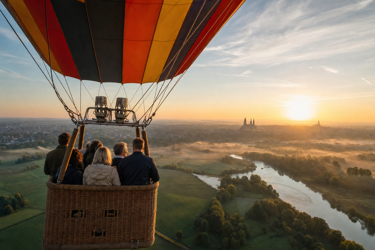 Luchtballon boven Limburg tijdens zonsopkomst