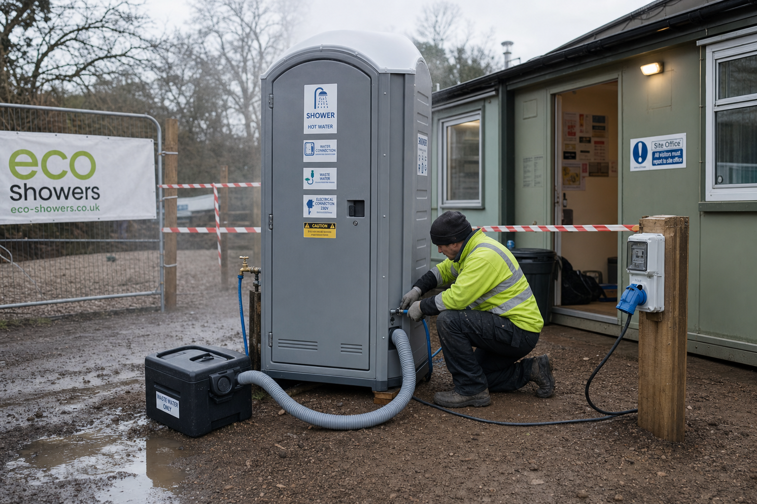 Installatie mobiele douchecabine op locatie