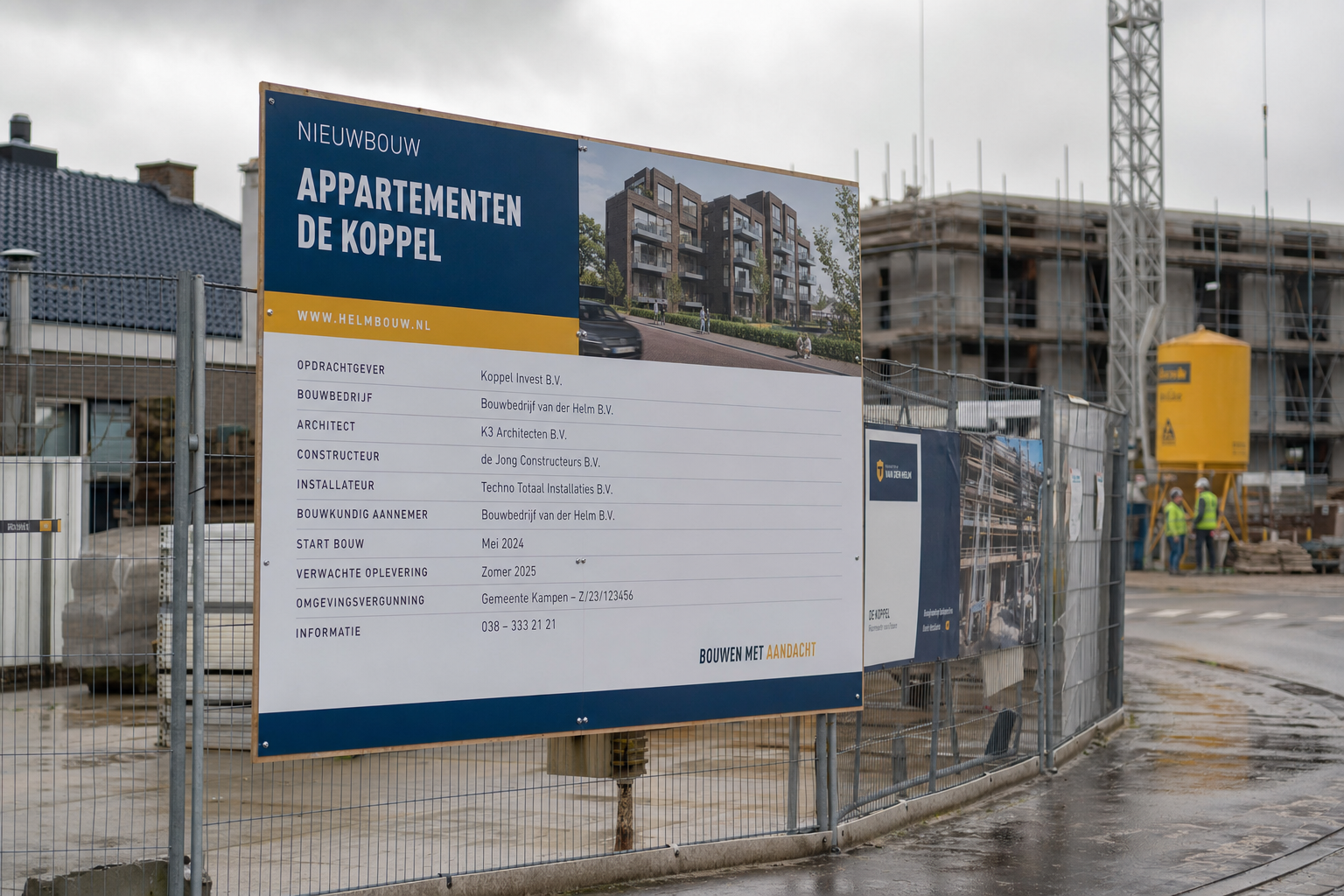Bouwbord met verplichte informatie en huisstijlelementen