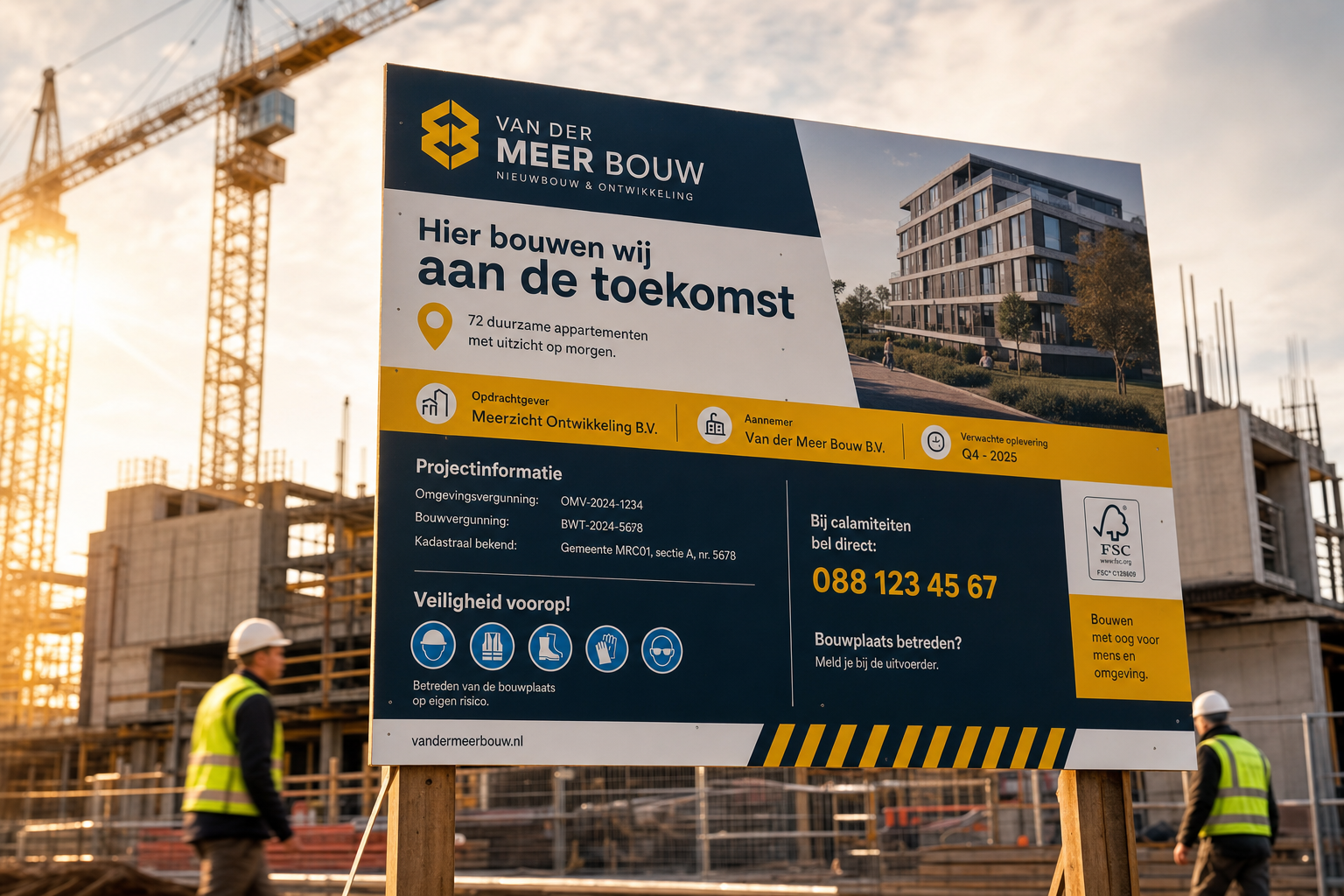 Opvallend bouwbord met huisstijlelementen op bouwplaats