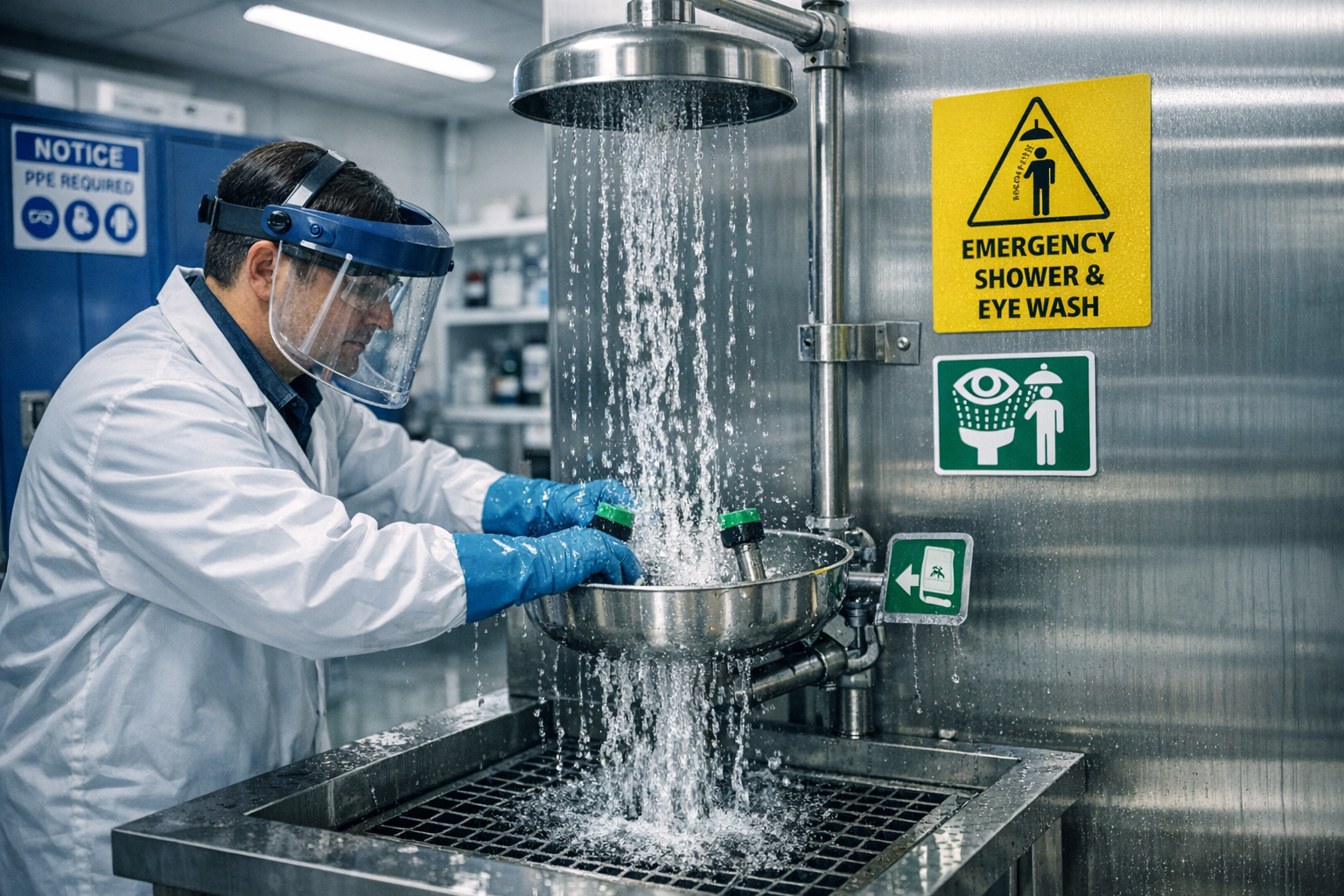 Nooddouche in werkomgeving